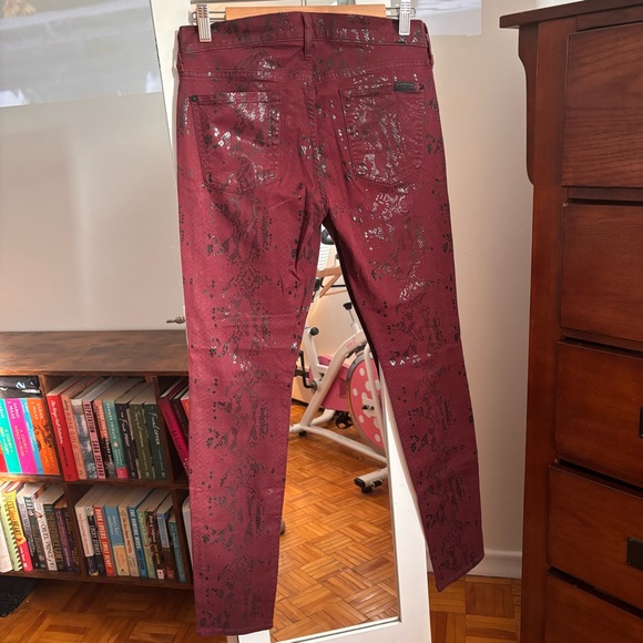 Seven For All Mankind Burgundy Metallic Snakeskin Stretch Skinny Jeans size 30 - Picture 5 of 13